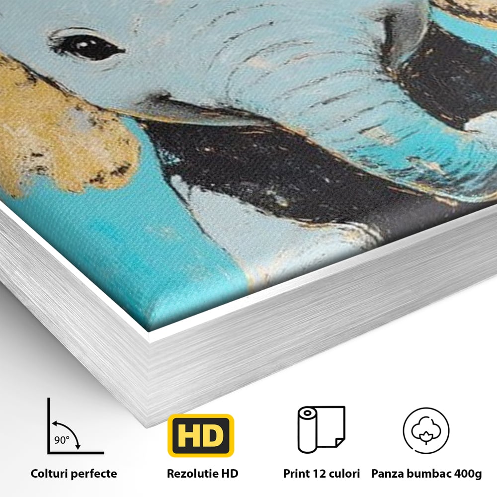 Detaliu al suprafetei: tablou canvas cu un pui de elefant, in rama de aluminiu argintiu